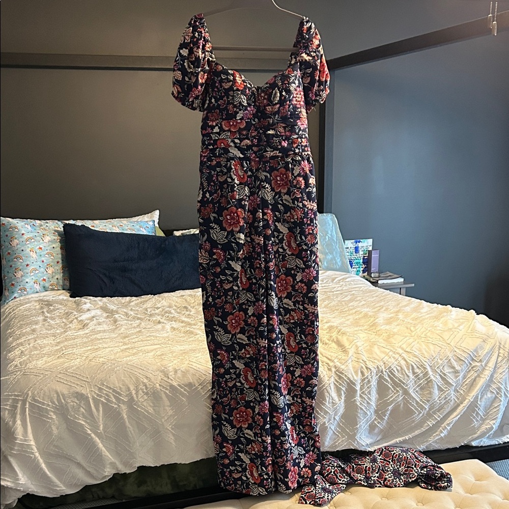 Floral Smocked Jumpsuit with Puff Sleeves - Navy Base with Red & Cream Flowers